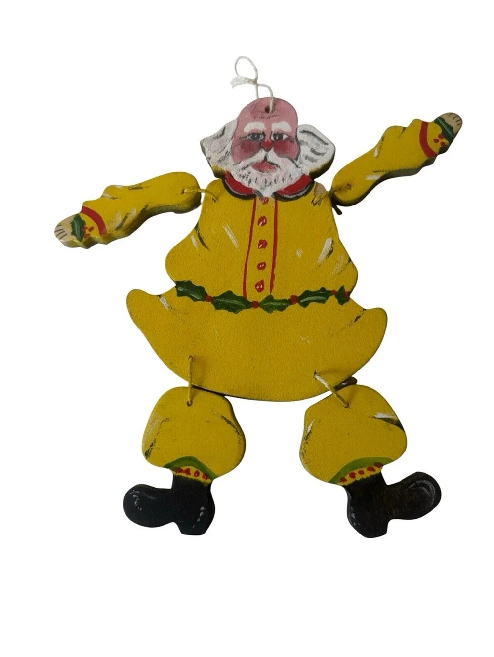 Vintage Wooden Santa Christmas Ornament Hand Painted Jointed Yellow Signed 5”